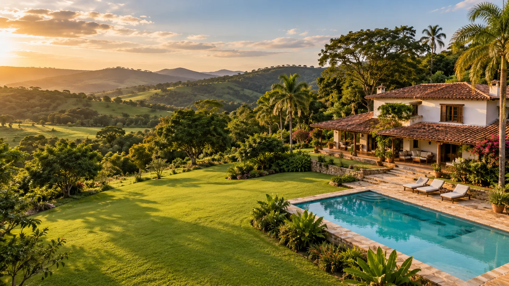 Paisagem ilustrativa de uma casa de campo com piscina entre montanhas